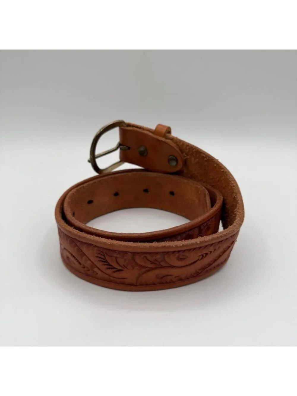 Vintage Brown Western Style Tooled Leather Name Belt JESSE Size 32